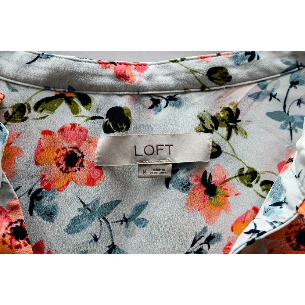 LOFT M white Floral Blouse Top office casual long sleeve - Picture 2 of 7